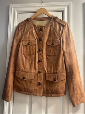 Tristan & Iseut Women’s Tan Leather Military-Style Button Jacket